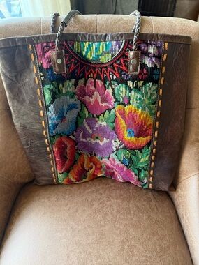 Boho Floral Embroidered Leather Tote Bag in Multicolor